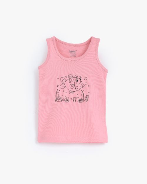 Girls Cotton Sleeveless Vest Top with Ocean Fish Print