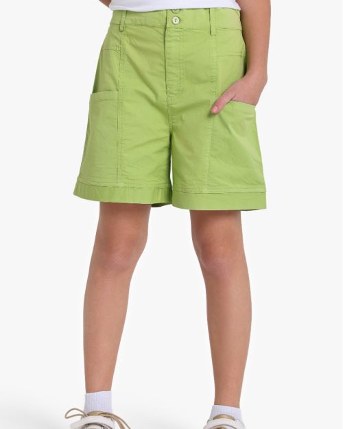 Girls lime green cotton chino shorts with large patch pockets and cuffed hem 4 yrs Front | Locafy